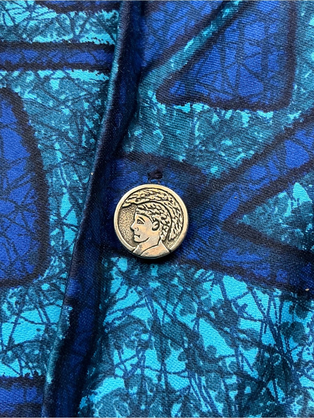 Vintage Liberty House 1960s Hawaiian bold blue geometric batik shirt S/M USA - Picture 5 of 7
